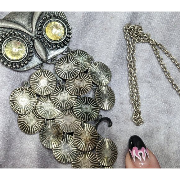 Quirky Y2K Own Pedant Necklace With Disc Fringe Feathers And Yellow Gem Eyes - Picture 6 of 10